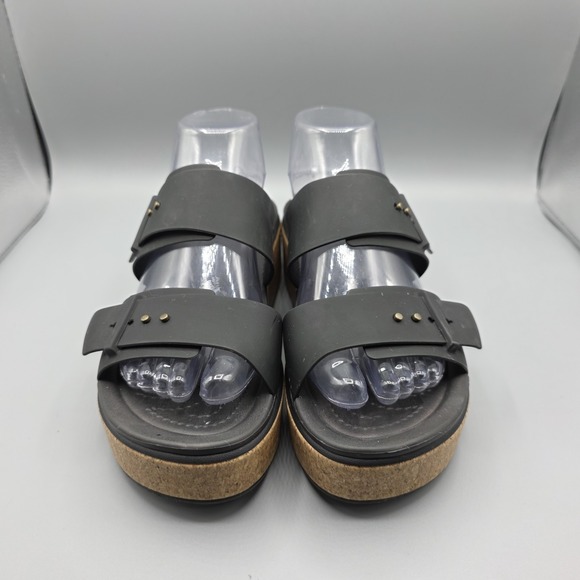 Crocs Brooklyn Sandals Womens 10 Black Rubber Straps Slide Cork Platform Buckles - Picture 3 of 14